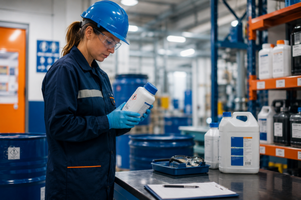 Industrial worker handling hazardous chemicals as part of chemical risk management
